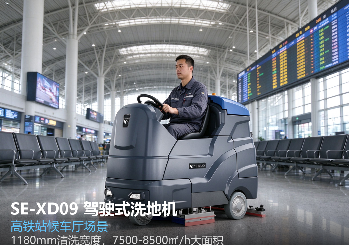 高铁站/机场大面积清洁方案:大犀SE-XD09重型洗地机高效作业