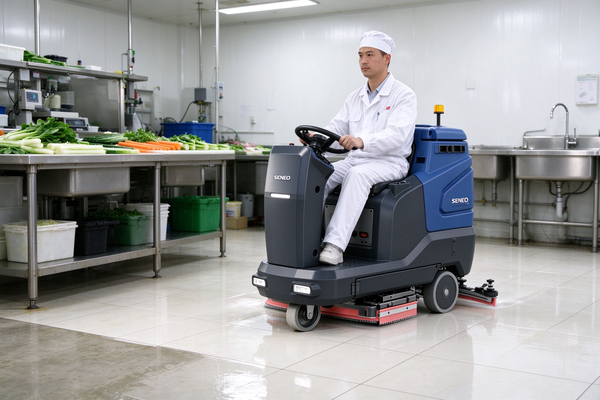 大犀驾驶式洗地机食品加工厂瓷砖防滑地面清洁实景